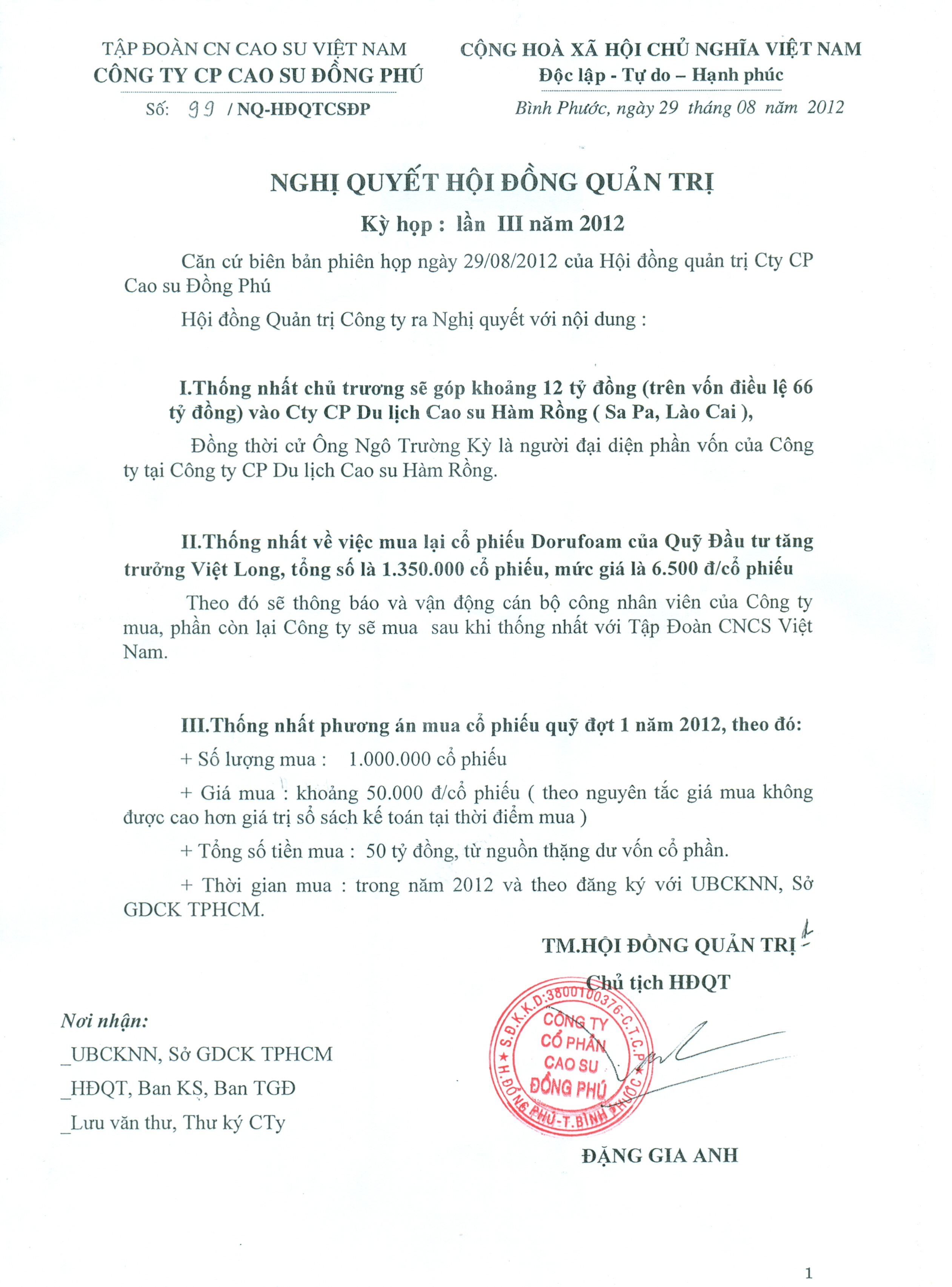 Nghị quyết Hội đồng quản trị lần 3 năm 2012